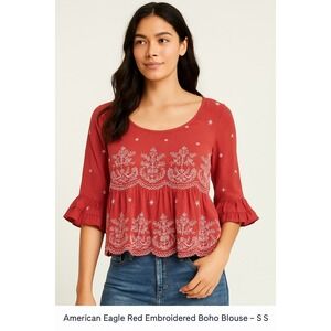 American Eagle Embroidered‎ Boho Blouse Red XS Ruffle Sleeve Top